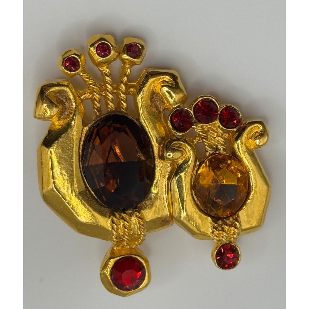 Vintage‎ Lyre Harp Brooch Gold Tone Multicolor Rhinestone Statement Pin